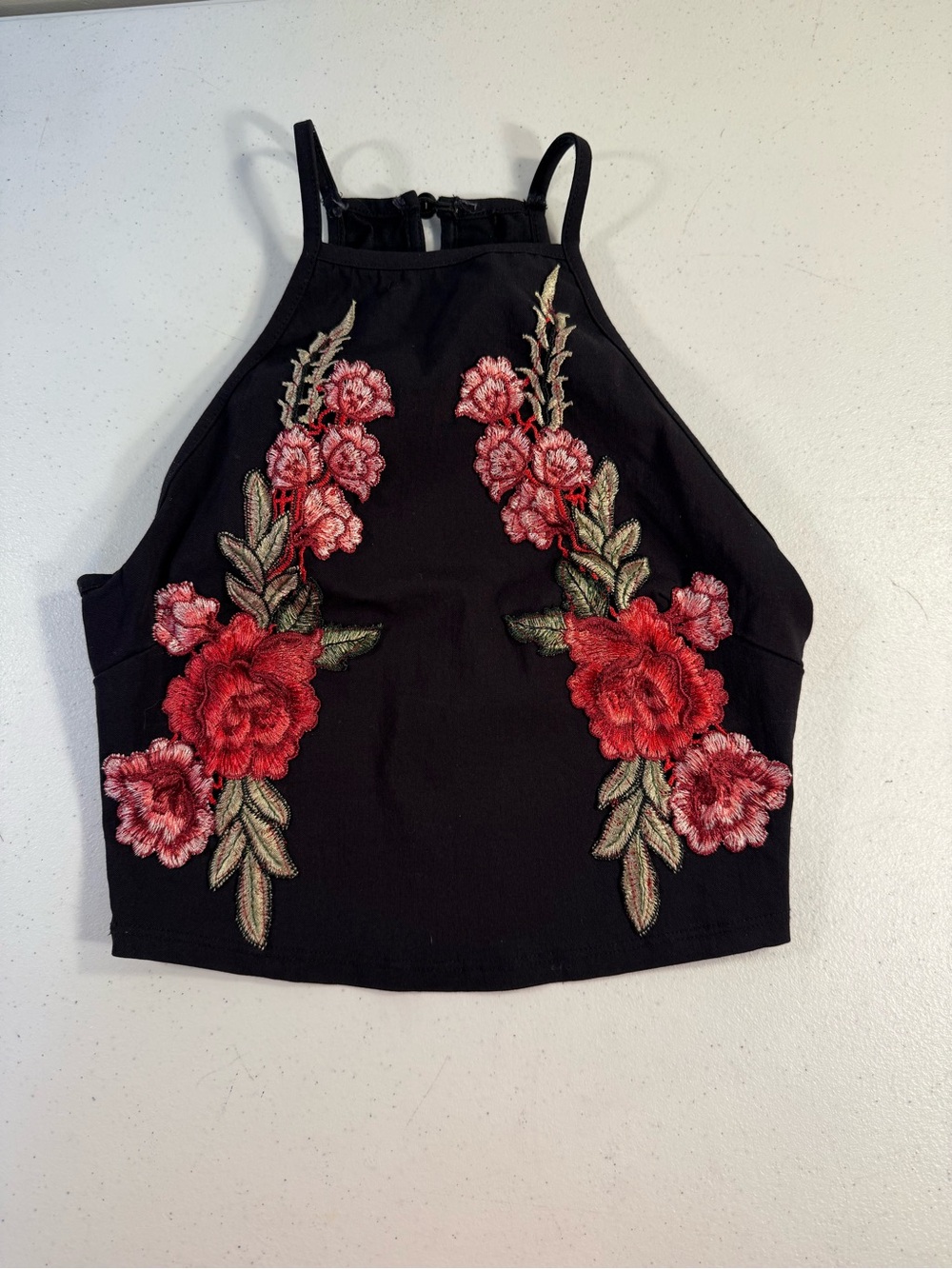 Charlotte Russe Black Halter Crop Top with Red Floral Embroidery